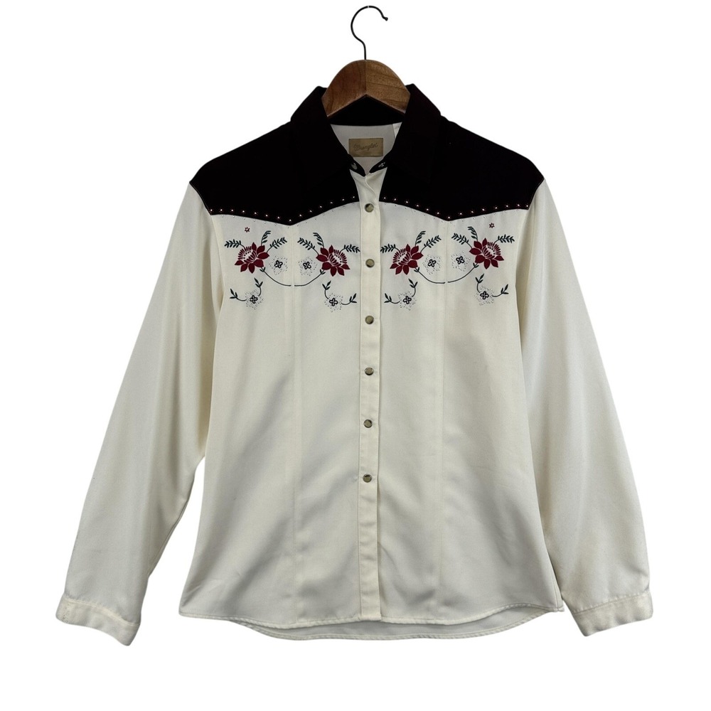 VINTAGE Wrangler Shirt Womens‎ Medium Burgundy Western Pearl Snap Floral 90s